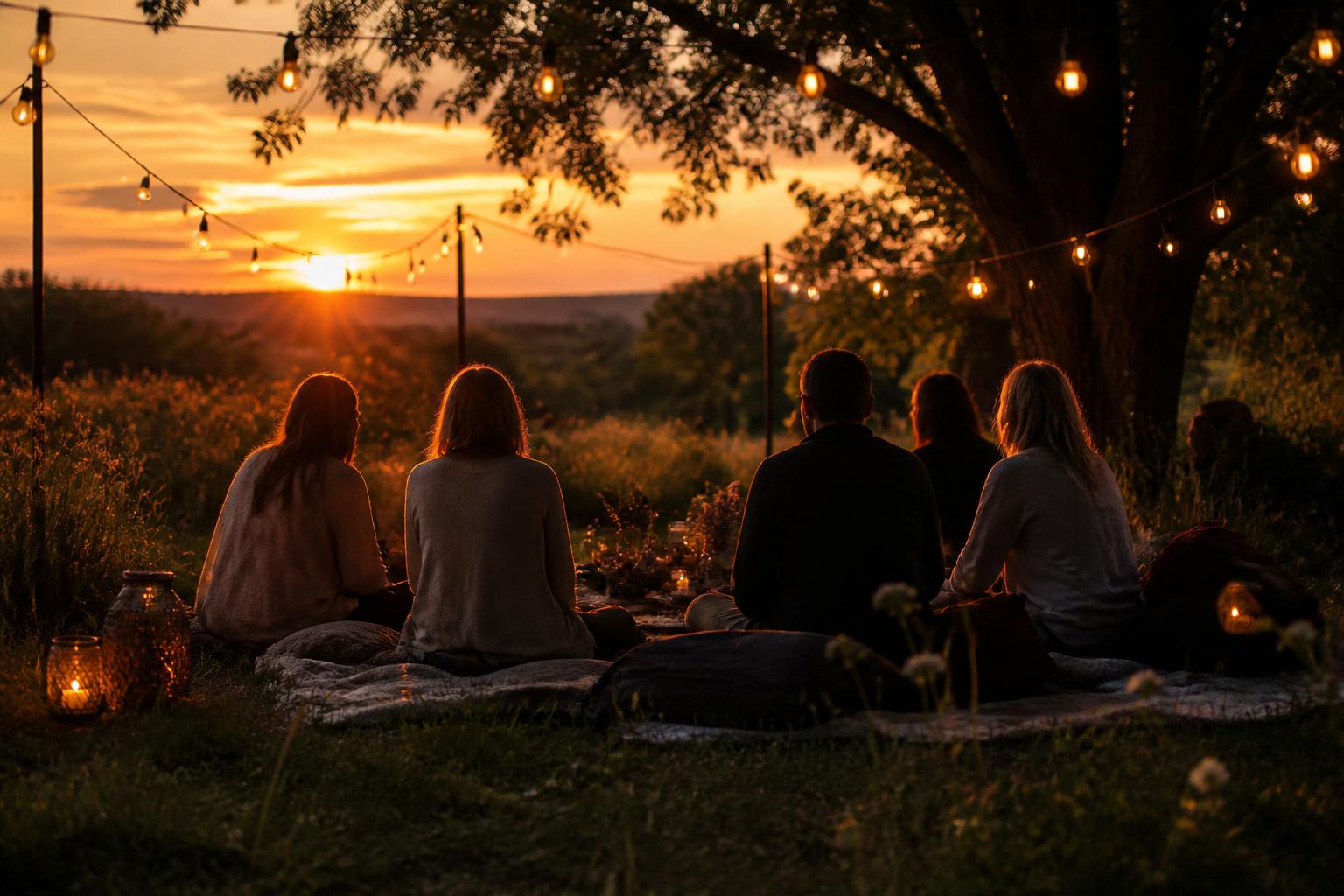 Gruppo in un prato al tramonto con luci e alberi, atmosfera di ritiro esperienziale